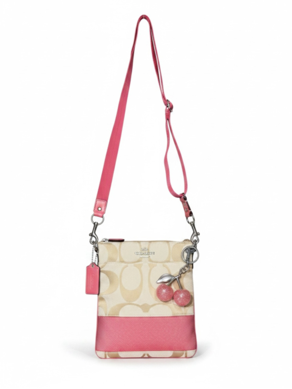 Women's Coach Crossbody Bag with Tag and Pink Cherry Charm - Beige and Pink